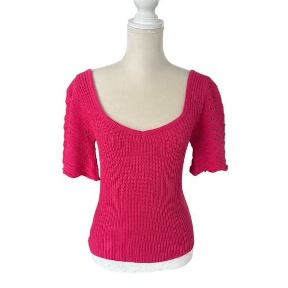 Lulus Short Sleeve Cropped Sweater Women's Small Ribbed Pierced Sleeve Pink New! - Picture 1 of 14